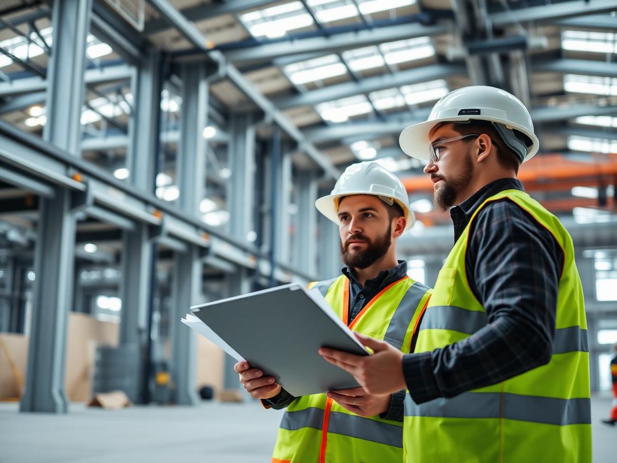 Engenheiros da Celta analisando projeto em obra industrial